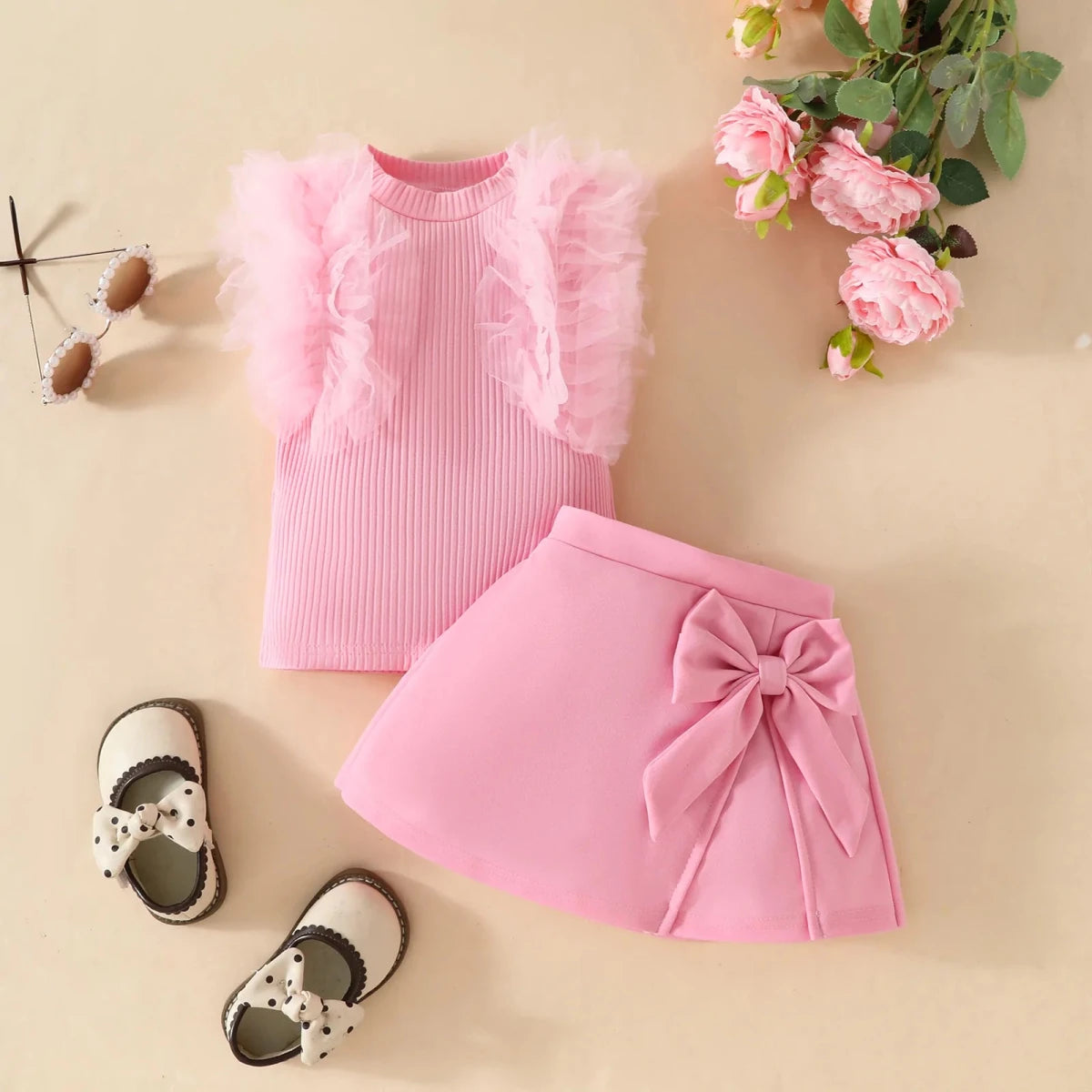 2Pcs Toddler Baby Girl Clothes Outfit Bubble Sleeve Patchwork Ruffle Top+Solid Color Flared Pants Fashion Set Fit 0-3 Years Set - Mom & Kids
