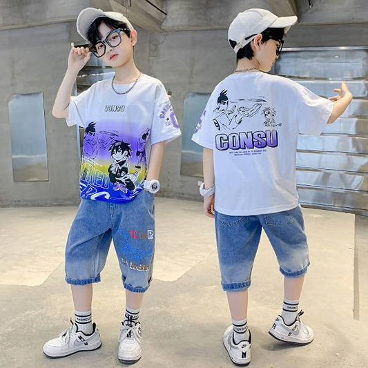 Boys Casual Cartoon Gradient T-shirt jeans Suit Medium And Large Children Two-piece Set