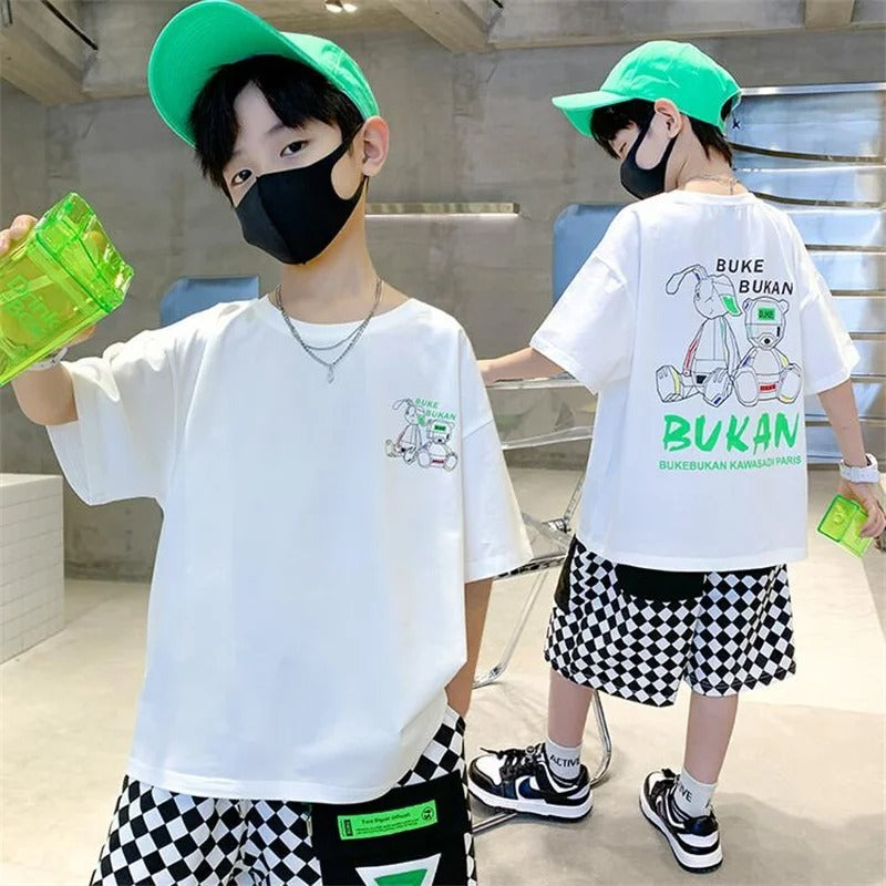Boys' Fashionable Cartoon Letter Jacket Shorts Two-piece Set