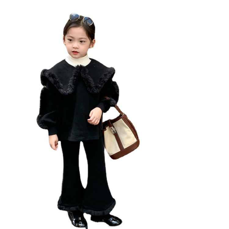 Children's Large Collar Top Fur Flare Pants Suit