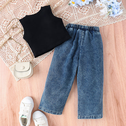 Sleeveless Vest Butterfly Print Washed Jeans Girls Suit