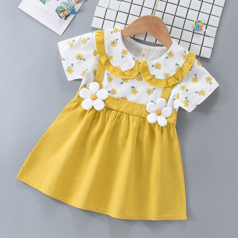 Girls' Cute Fake Two-piece All-match Short Sleeve Dress