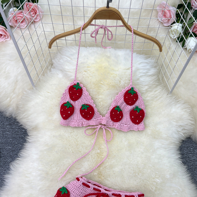 Vacation Style Sweet Knitted Strawberry Sling Tube Top Short Vest Hip Skirt