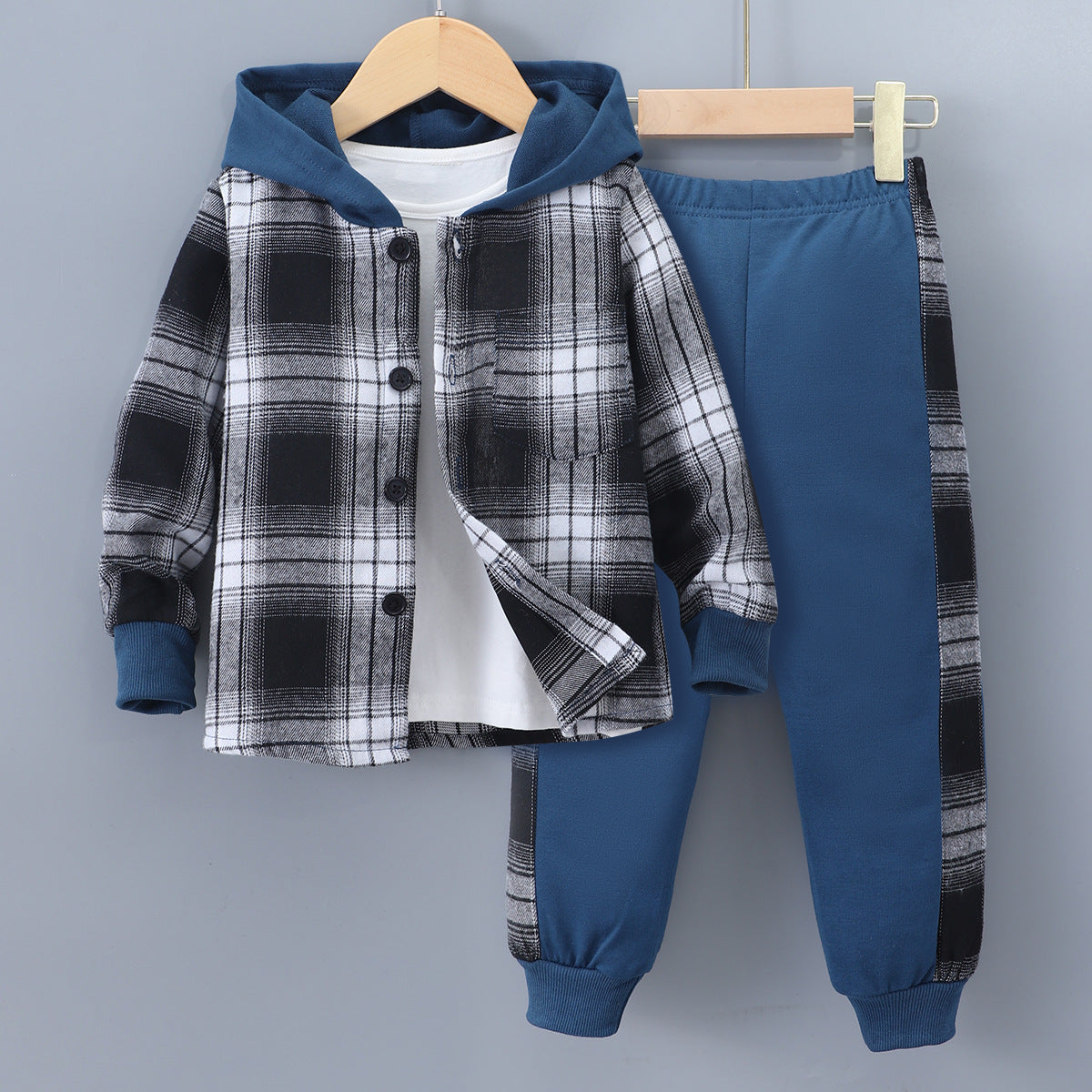 Long Sleeve Plaid Contrast Color Hoodie Two-piece Set (Available)