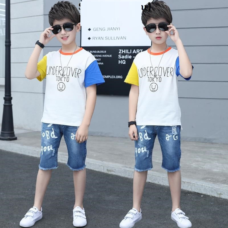 Summer Clothing For Boys Short Sleeve Sets Fashion Letters Patchwork Print Top & Pants 2 Piece Suits Children Outfits Costums