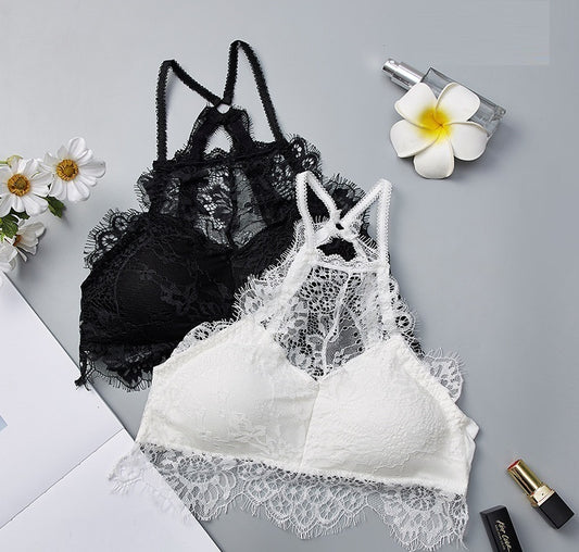 Women's Sexy Lace Underwear Small Chest Bra Suit with Hanging Neck Lace Cover for Big Breasts Solid Pattern Shapewear Bra