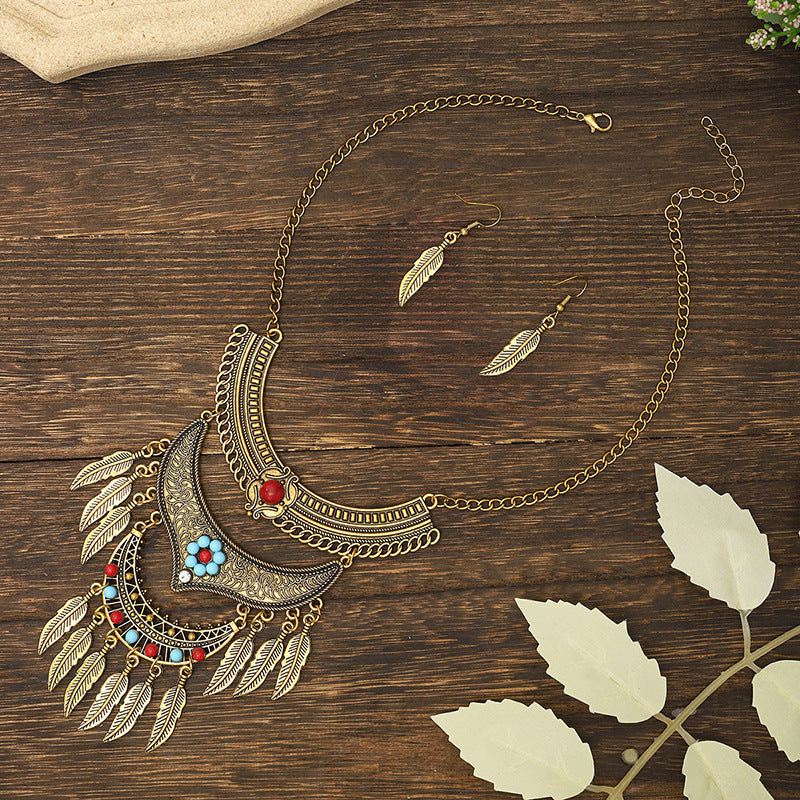 European And American Retro Multi-layer Alloy Tassel Leaves Necklace And Earrings Suite
