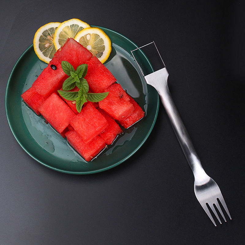2 In 1 Watermelon Fork Slicer Multi-purpose Stainless Steel Watermelon Slicer Cutter Kitchen Fruit Cutting Fork Fruit Divider Kitchen Gadgets (Available)