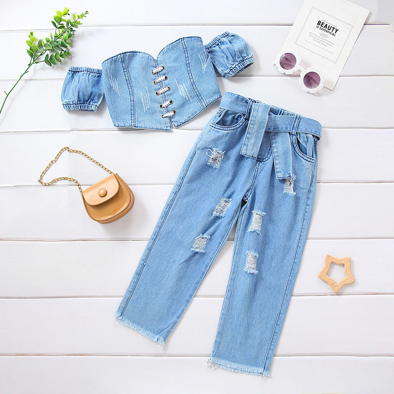 Girls' Off-shoulder Short Sleeve Lace-up Tube Top Denim Ripped Trousers Belt Suit (Available)