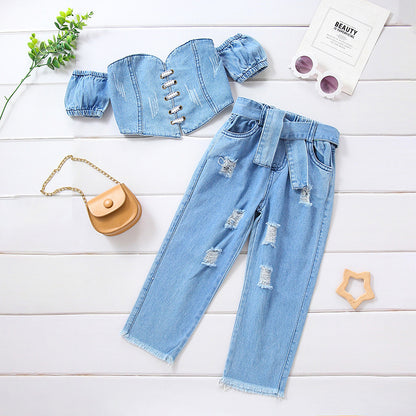 Girls' Off-shoulder Short Sleeve Lace-up Tube Top Denim Ripped Trousers Belt Suit