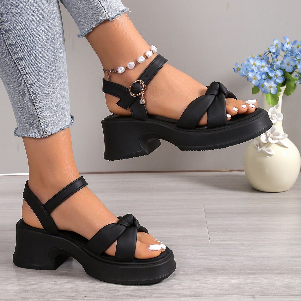 Thick Heel Black With Skirt Thick Bottom High Heel Slippers