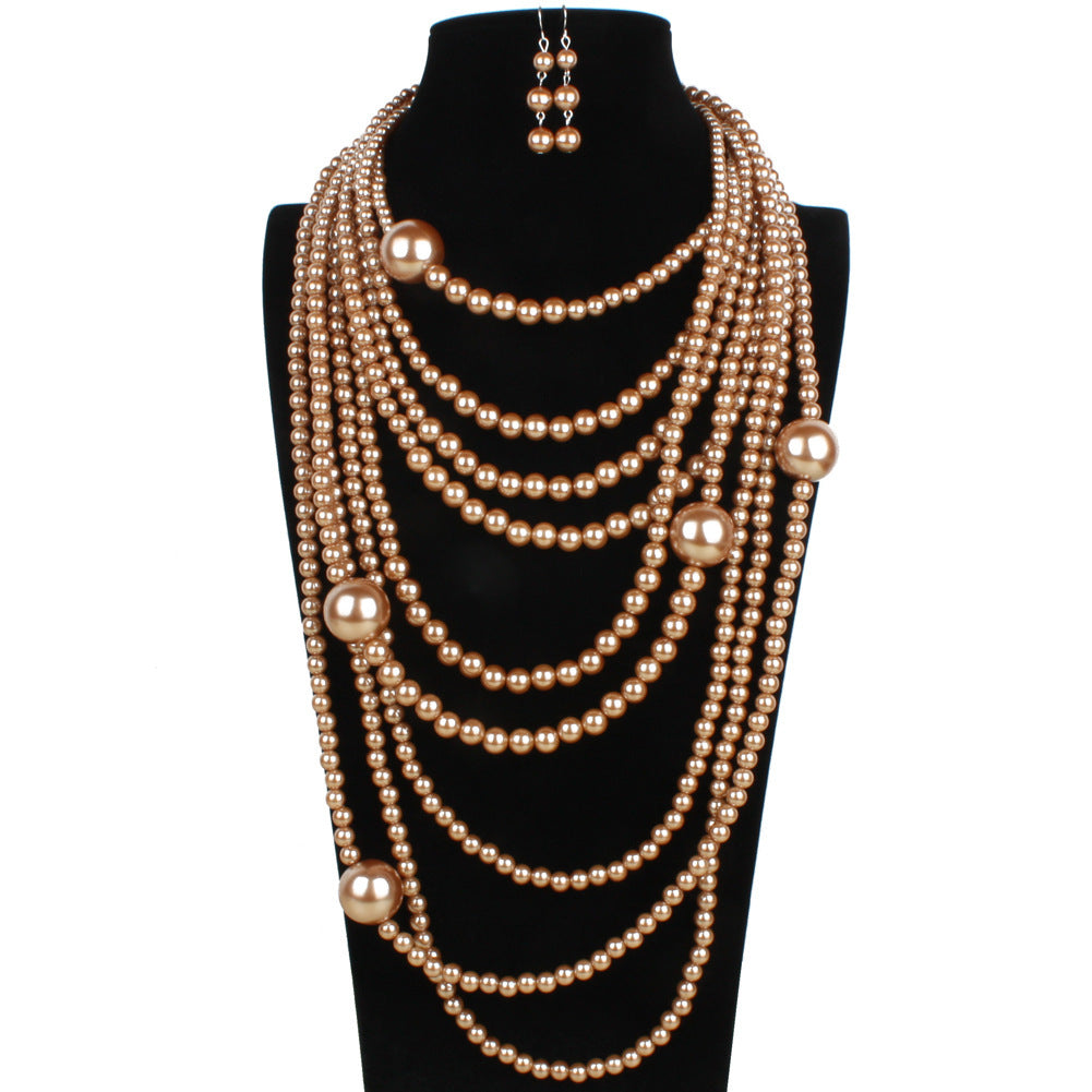 Fashion Exaggerated Multi Layer Pearl Necklace Set