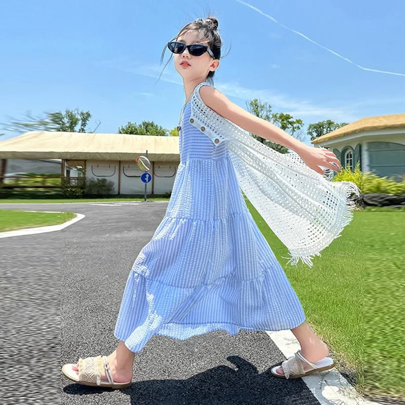 5-14Years Old Girls Dress Children Summer Sweet Beach Holiday Gown Kids Dresses Teenager Sleeveless Clothing Sets - Mom & Kids