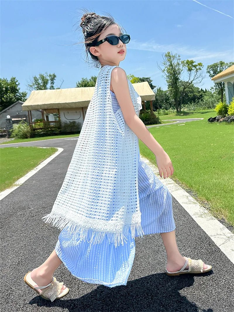 5-14Years Old Girls Dress Children Summer Sweet Beach Holiday Gown Kids Dresses Teenager Sleeveless Clothing Sets - Mom & Kids
