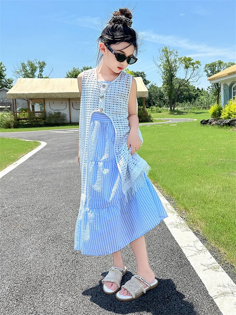 5-14Years Old Girls Dress Children Summer Sweet Beach Holiday Gown Kids Dresses Teenager Sleeveless Clothing Sets - Mom & Kids