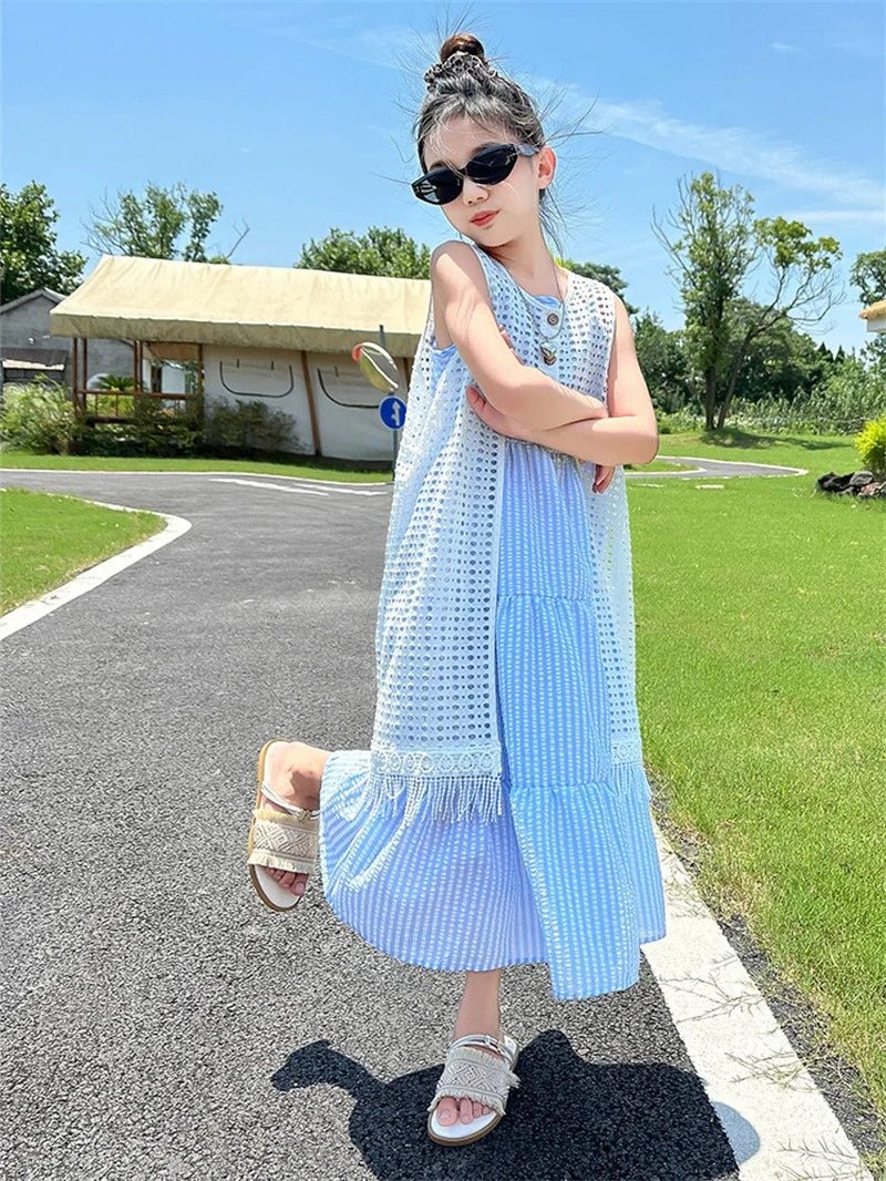 5-14Years Old Girls Dress Children Summer Sweet Beach Holiday Gown Kids Dresses Teenager Sleeveless Clothing Sets - Mom & Kids
