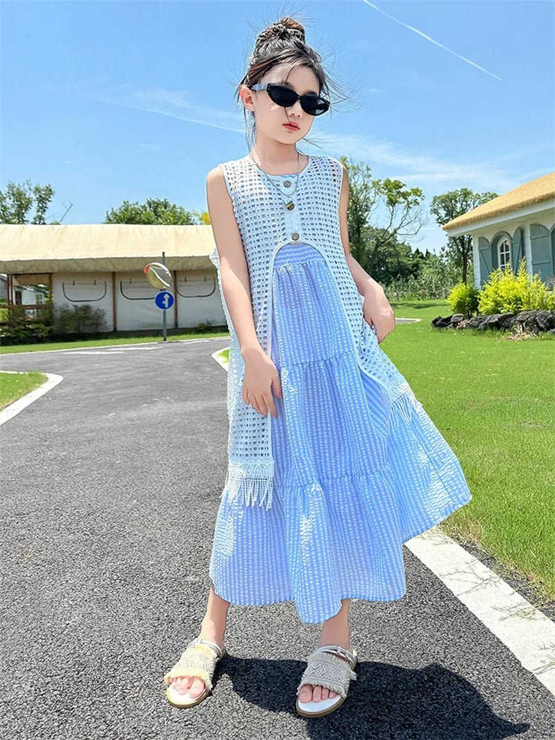 5-14Years Old Girls Dress Children Summer Sweet Beach Holiday Gown Kids Dresses Teenager Sleeveless Clothing Sets - Mom & Kids