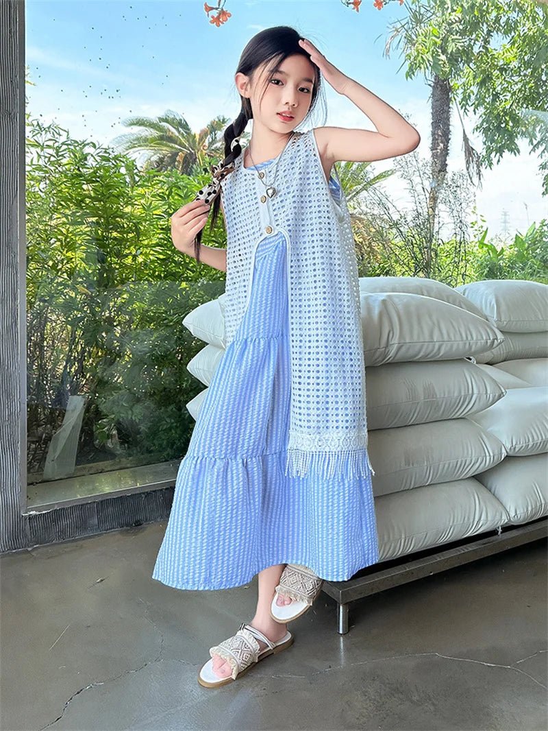 5-14Years Old Girls Dress Children Summer Sweet Beach Holiday Gown Kids Dresses Teenager Sleeveless Clothing Sets - Mom & Kids