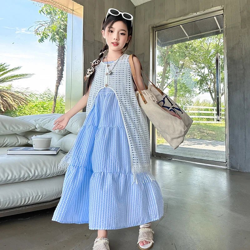 5-14Years Old Girls Dress Children Summer Sweet Beach Holiday Gown Kids Dresses Teenager Sleeveless Clothing Sets - Mom & Kids