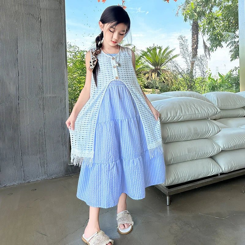 5-14Years Old Girls Dress Children Summer Sweet Beach Holiday Gown Kids Dresses Teenager Sleeveless Clothing Sets - Mom & Kids