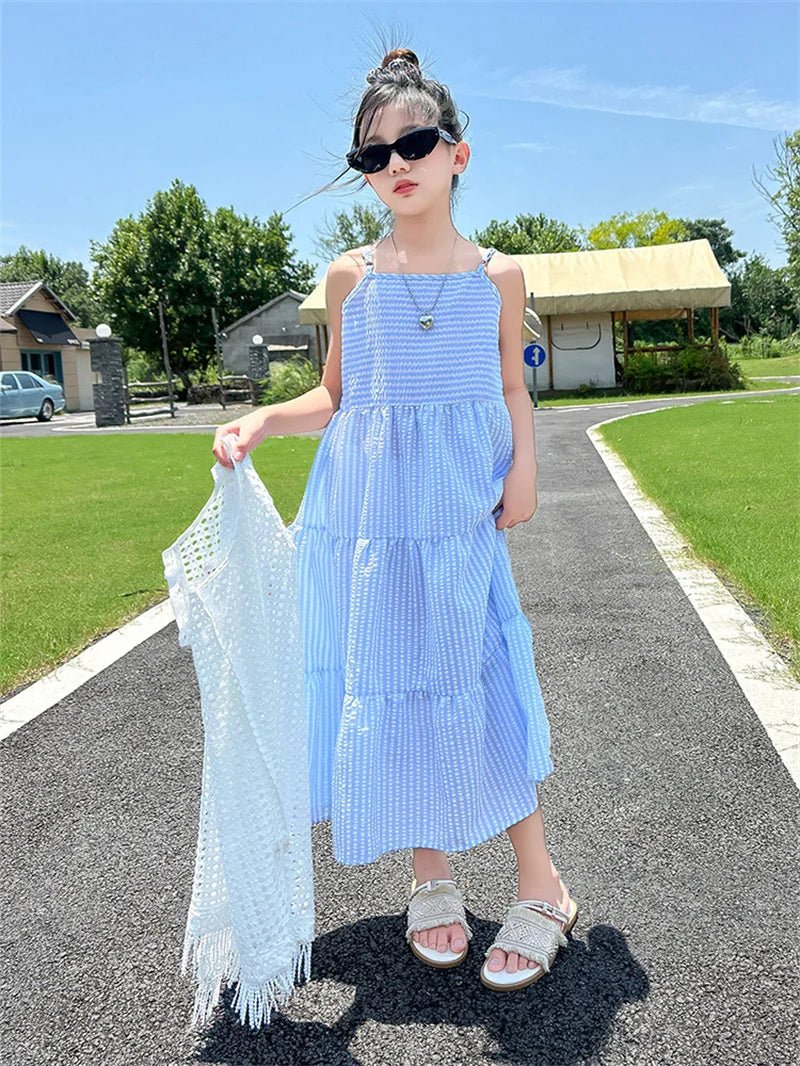5-14Years Old Girls Dress Children Summer Sweet Beach Holiday Gown Kids Dresses Teenager Sleeveless Clothing Sets - Mom & Kids