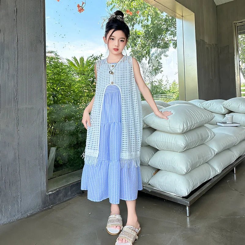 5-14Years Old Girls Dress Children Summer Sweet Beach Holiday Gown Kids Dresses Teenager Sleeveless Clothing Sets - Mom & Kids