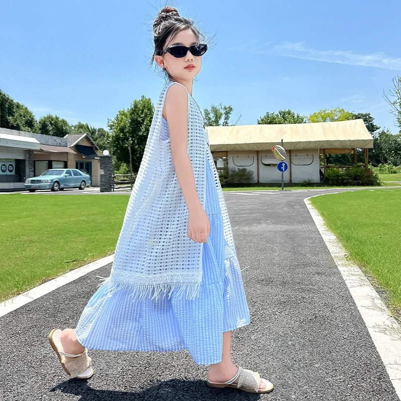 5-14Years Old Girls Dress Children Summer Sweet Beach Holiday Gown Kids Dresses Teenager Sleeveless Clothing Sets - Mom & Kids