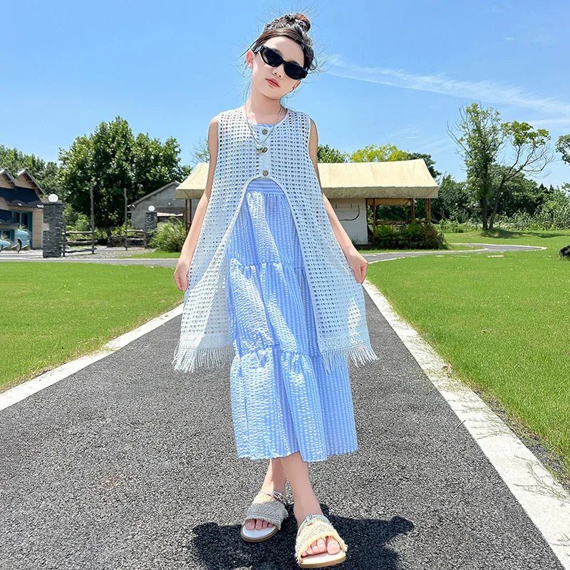 5-14Years Old Girls Dress Children Summer Sweet Beach Holiday Gown Kids Dresses Teenager Sleeveless Clothing Sets - Mom & Kids