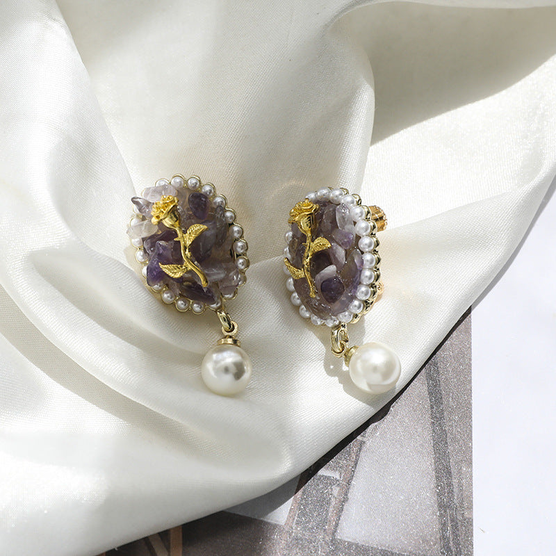 Baroque  Style Purple Stone Rose Stud Earrings