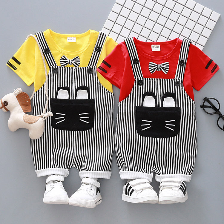 Factory direct handsome children's clothing Korean male baby cartoon strap two-piece suit cotton one generation