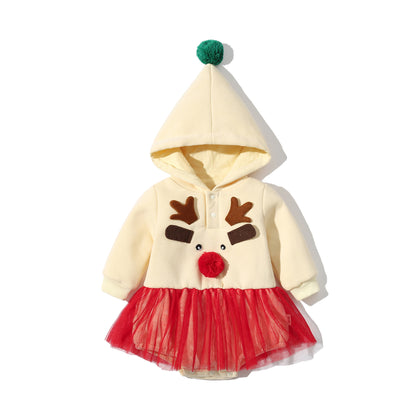 Baby Autumn And Winter Clothes Christmas Romper Hooded Baby Bloomer With Skirt Jumpsuit