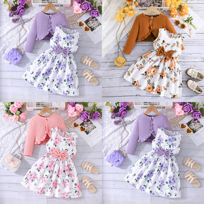 Girls' Colorful Suspender Skirt Solid Color Coat Set