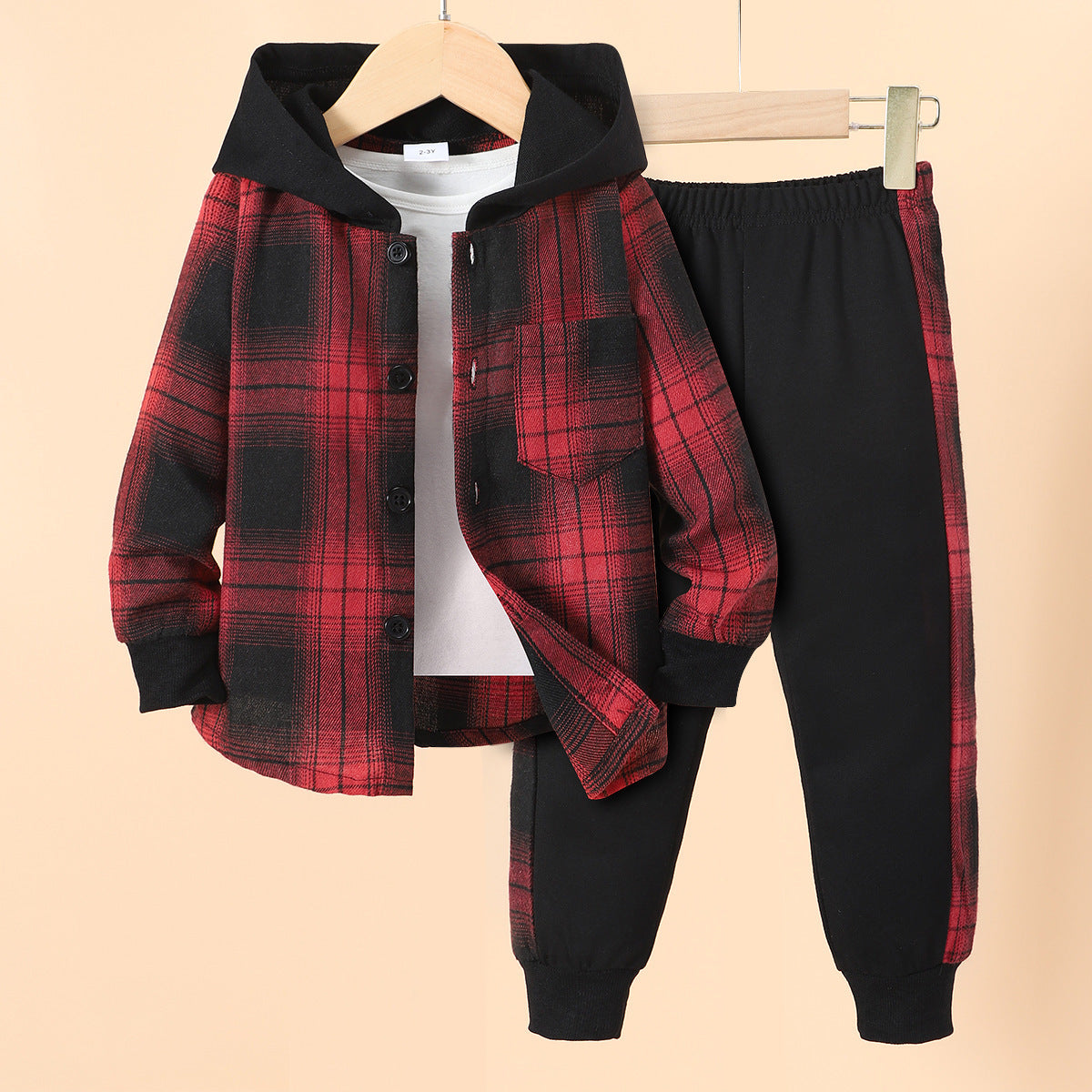Long Sleeve Plaid Contrast Color Hoodie Two-piece Set (Available)