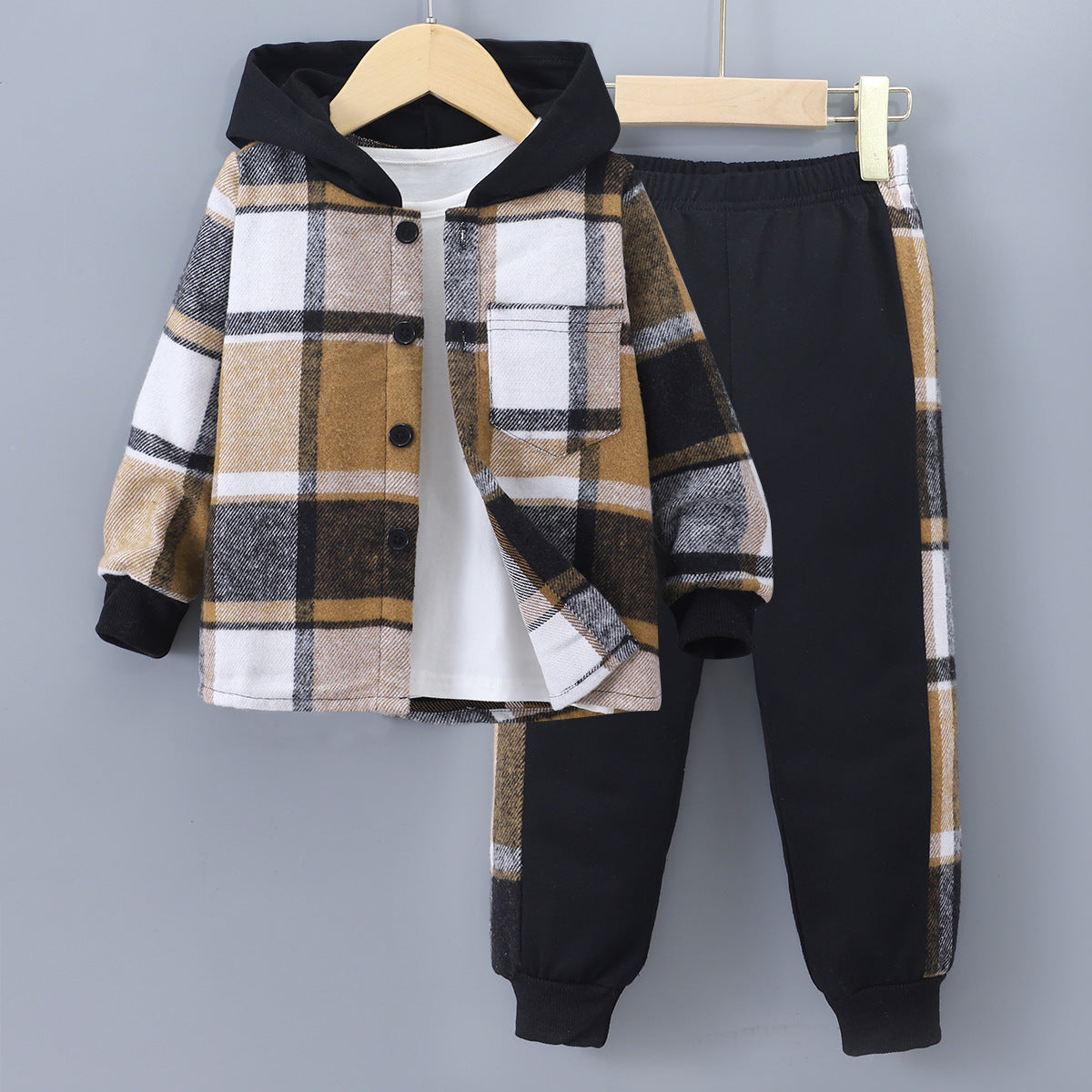 Long Sleeve Plaid Contrast Color Hoodie Two-piece Set (Available)