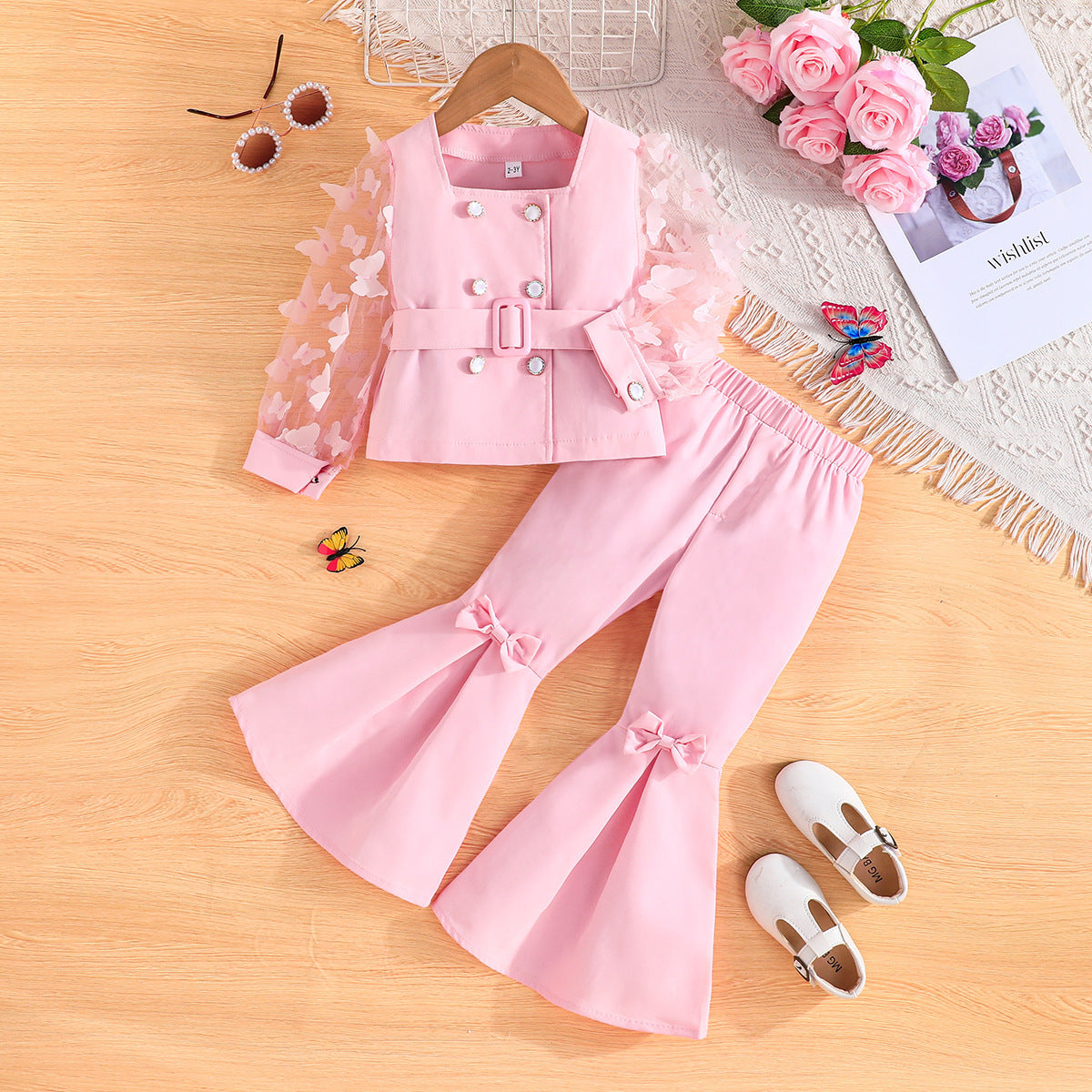 Girls' Mesh Sleeve Top Bell-bottom Pants Suit[Available]