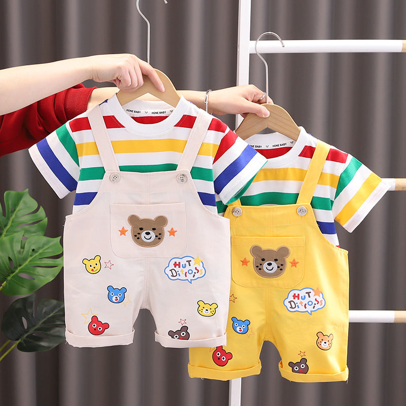 Boys' Summer Casual Suspender Trousers Short Sleeve Suit (Available)