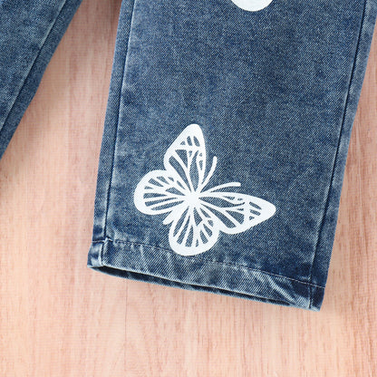 Sleeveless Vest Butterfly Print Washed Jeans Girls Suit
