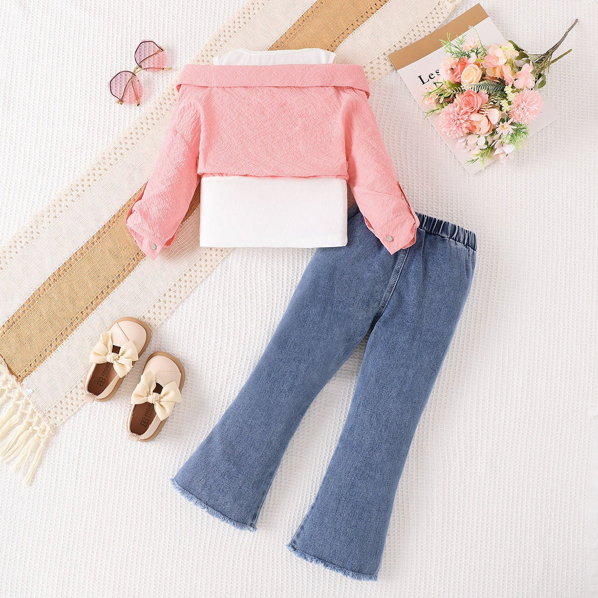 Fake Two-piece Off-shoulder Top With Flared Jeans