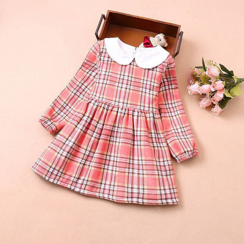 Girls Doll Collar Plaid Princess Dress