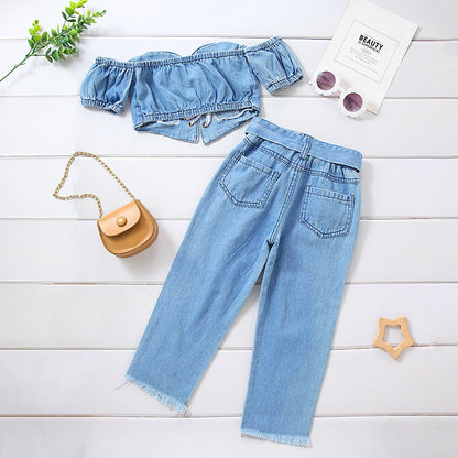 Girls' Off-shoulder Short Sleeve Lace-up Tube Top Denim Ripped Trousers Belt Suit