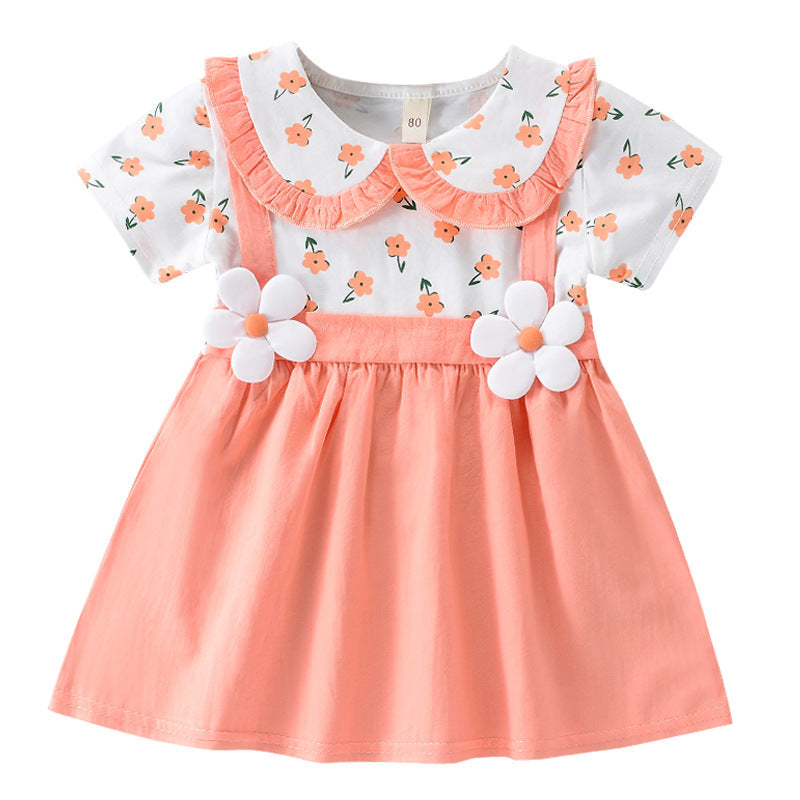 Girls' Cute Fake Two-piece All-match Short Sleeve Dress