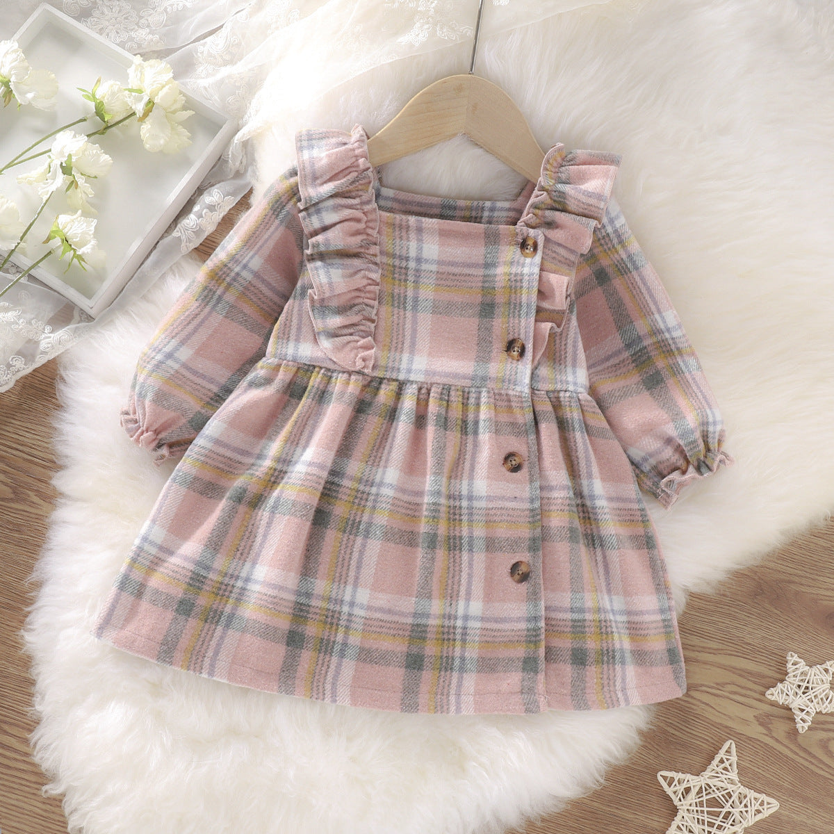 Plaid Ruffled Long Sleeved Girls Autumn Dress