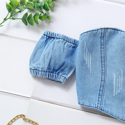 Girls' Off-shoulder Short Sleeve Lace-up Tube Top Denim Ripped Trousers Belt Suit