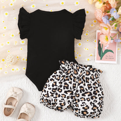 Kids' Rompers Bow Leopard Shorts Suit