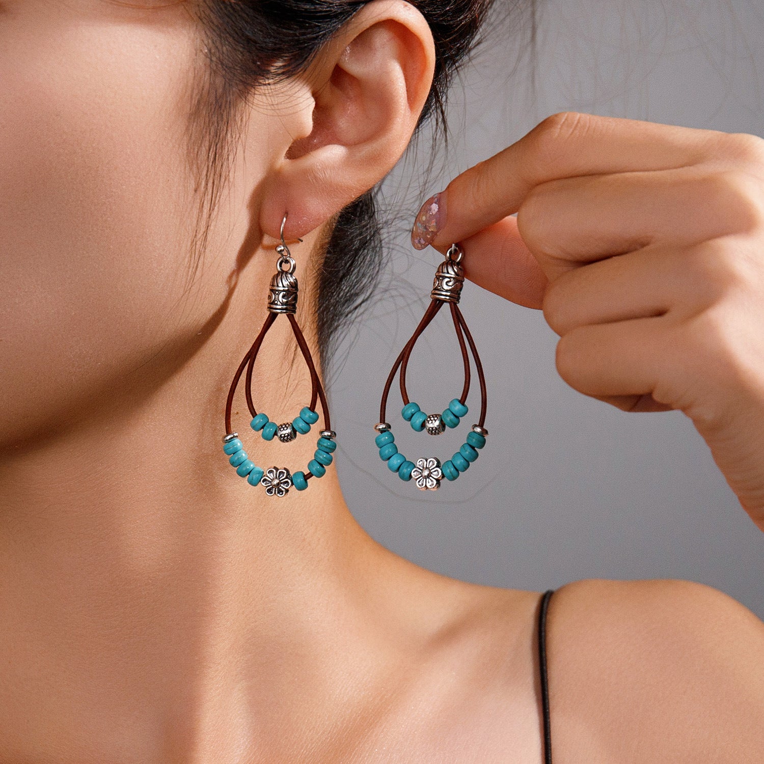 Vintage Earrings Ethnic Style Antique Silver Flower Turquoise Rope Pendant Women's Jewelry