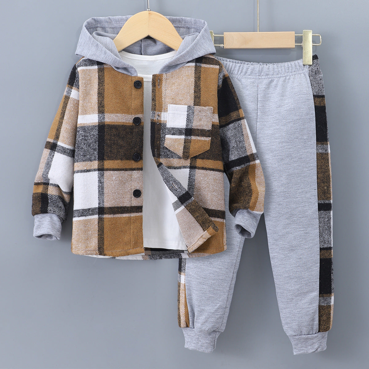 Long Sleeve Plaid Contrast Color Hoodie Two-piece Set (Available)