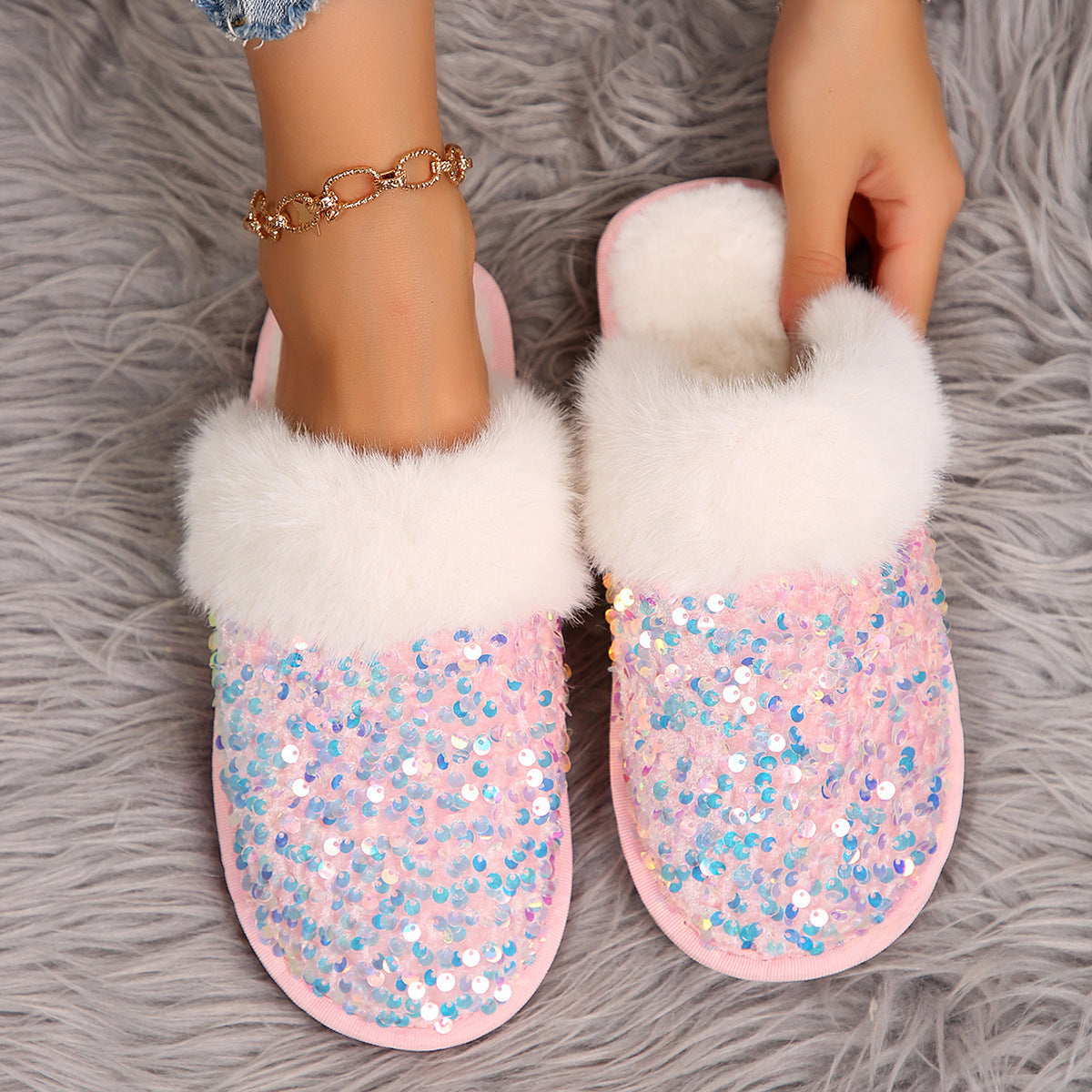 Sequin Flat Plush Slippers For Women