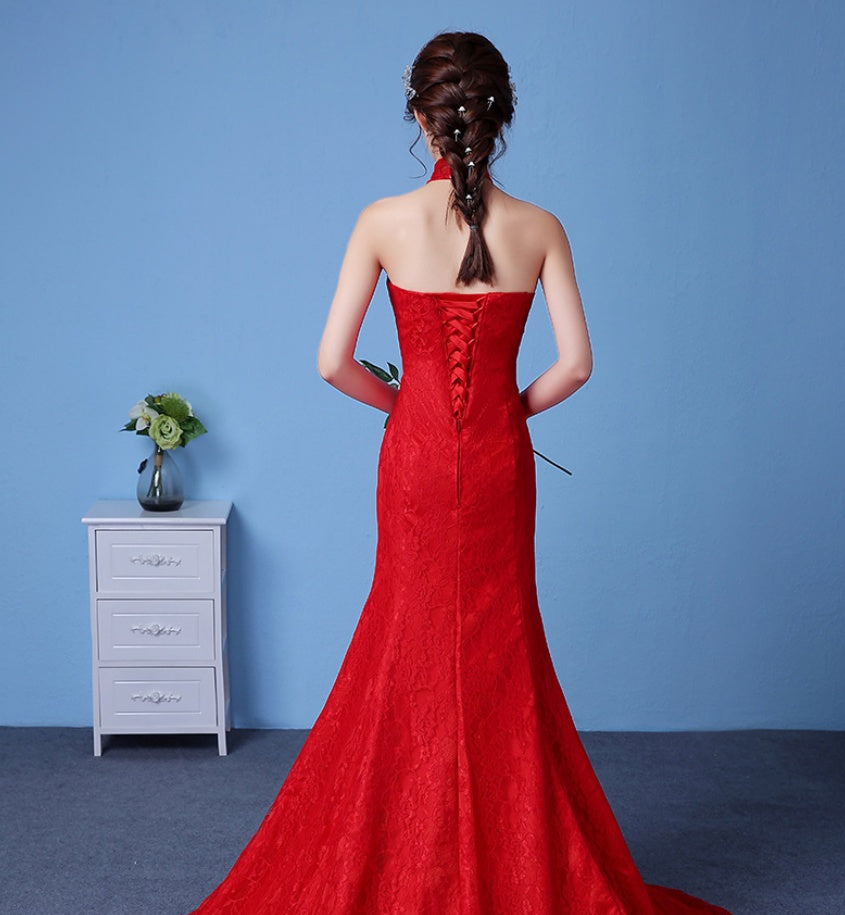 Big Red Wedding Dress Bride Large Size Waist Fishtail Wedding Dress Fishtail Tail Korean Hanging Neck