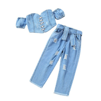 Girls' Off-shoulder Short Sleeve Lace-up Tube Top Denim Ripped Trousers Belt Suit