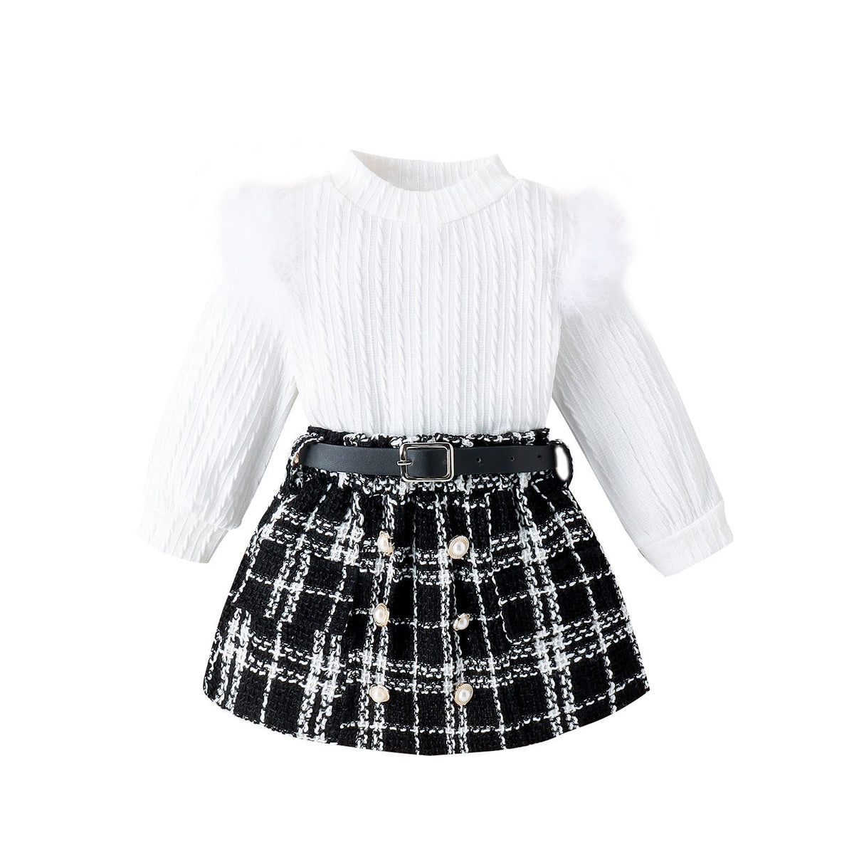 Autumn And Winter New Girls' Suit Furry Top Woolen Fabric Skirt With Belt Three-piece Set